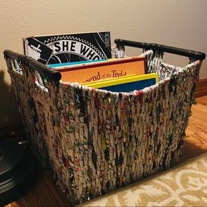 Baskets (2) ~ 100% recycled woven newsprint baskets with wooden handles.